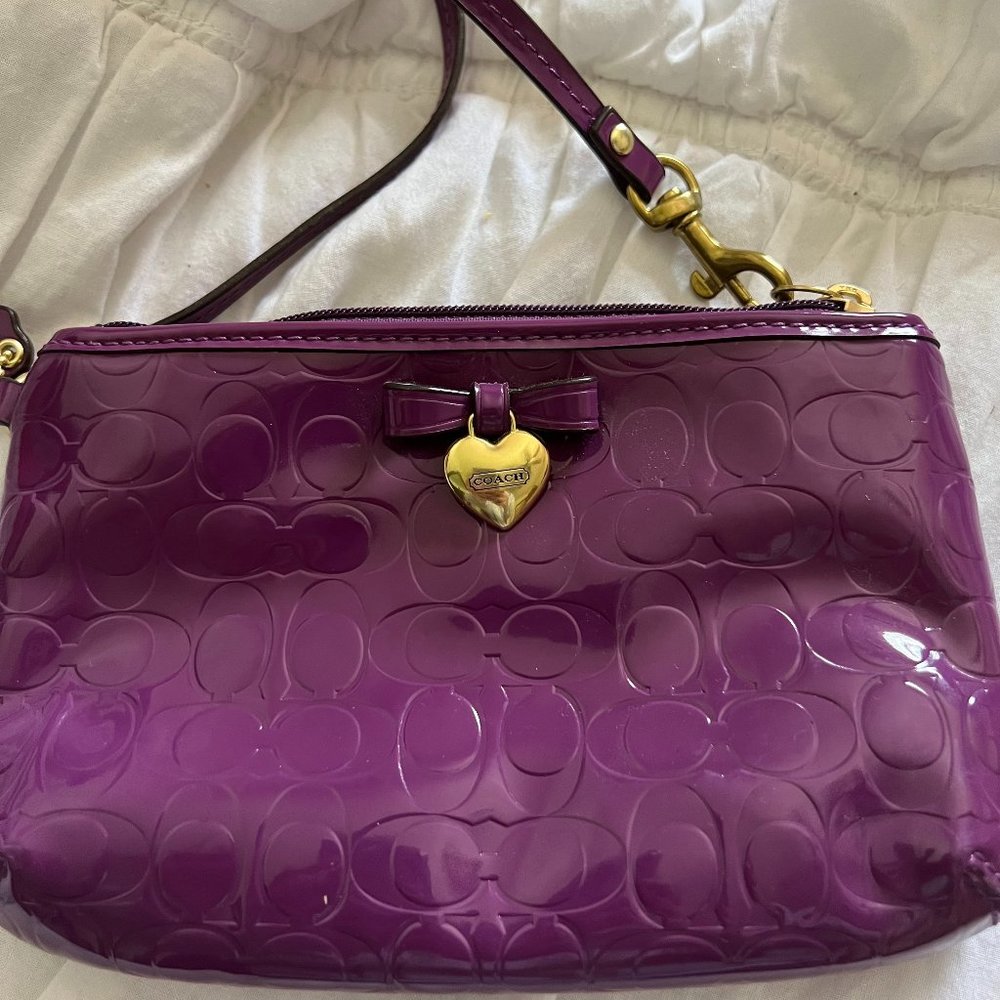 Purple Leather Embossed Coach Wallet with Detachable Wristlet